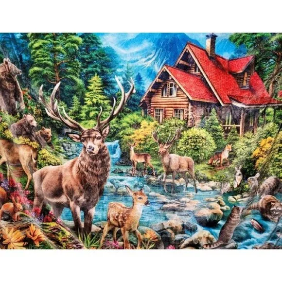 New Deer Forest Throw Blanket Wildlife Scene Fawn Bear Cabin Plush Outdoors NIP - Picture 3 of 4